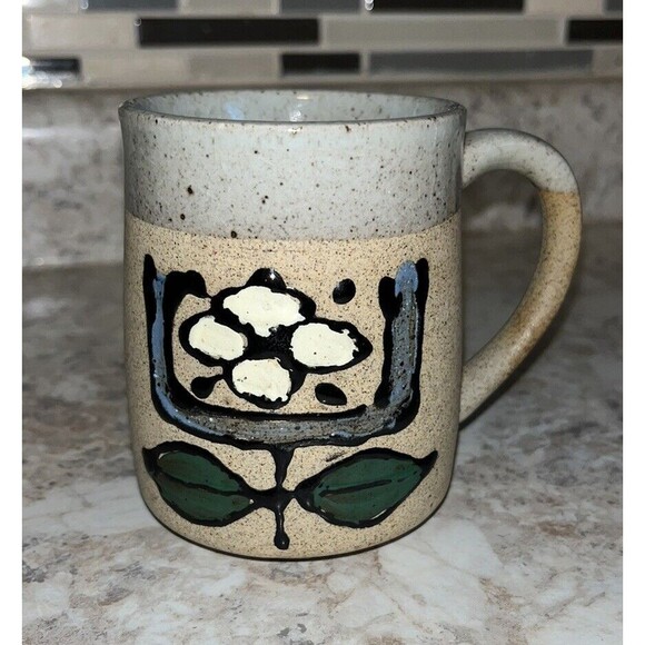Vintage Flower Stoneware Coffee Mug Cup Floral Textured Two Sides Design - Picture 1 of 6